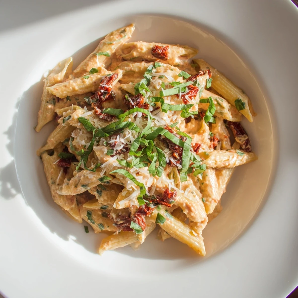 Delectable, protein-packed Sun-Dried Tomato & Cottage Cheese Pasta Sauce tossed with penne pasta, delicious!
