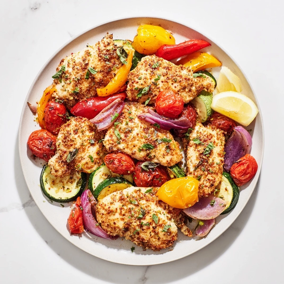 Golden Sheet Pan Lemon Oregano Chicken Cutlets showcasing colorful roasted vegetables and juicy chicken.