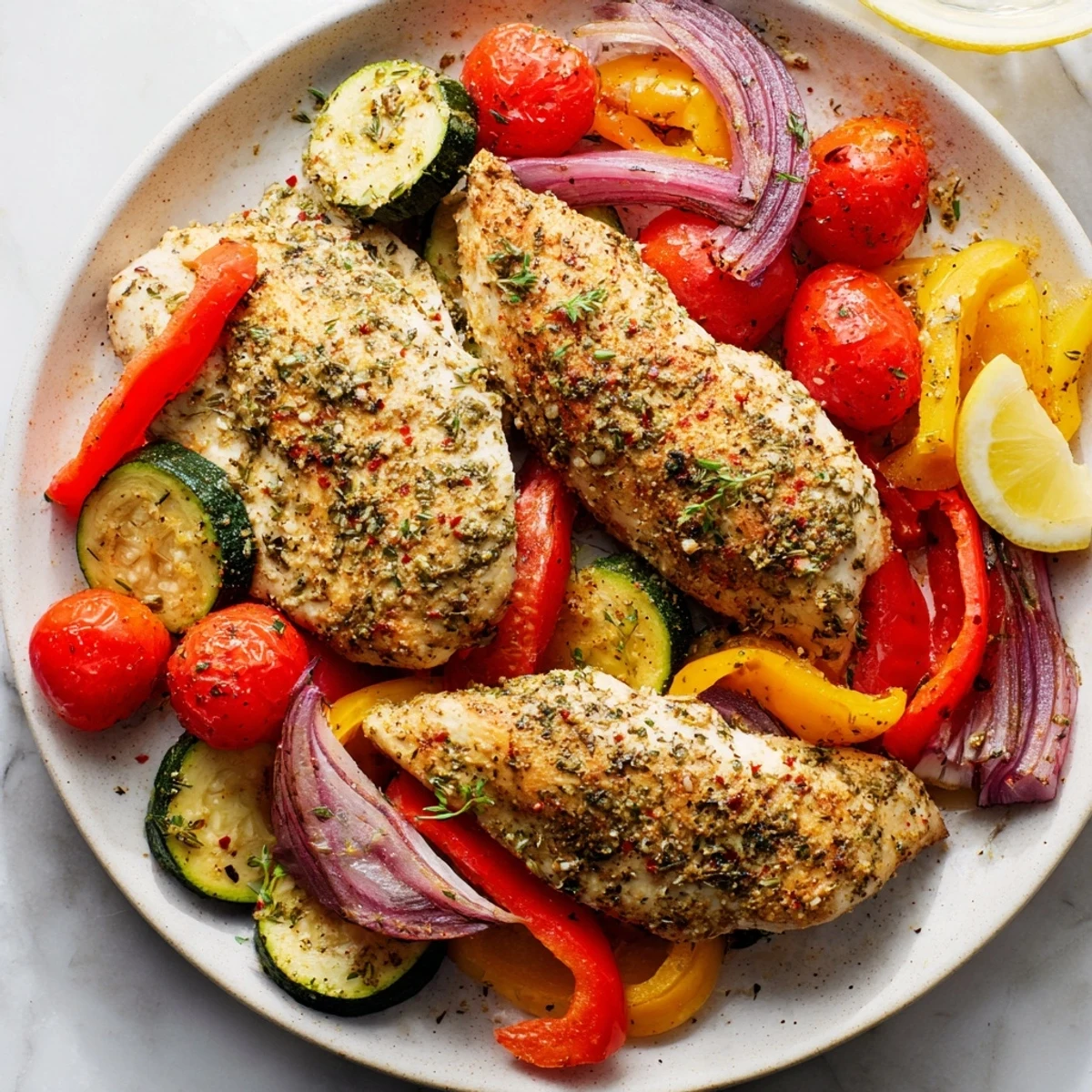 A close-up of sizzling Sheet Pan Lemon Oregano Chicken Cutlets, perfect for a healthy weeknight dinner.