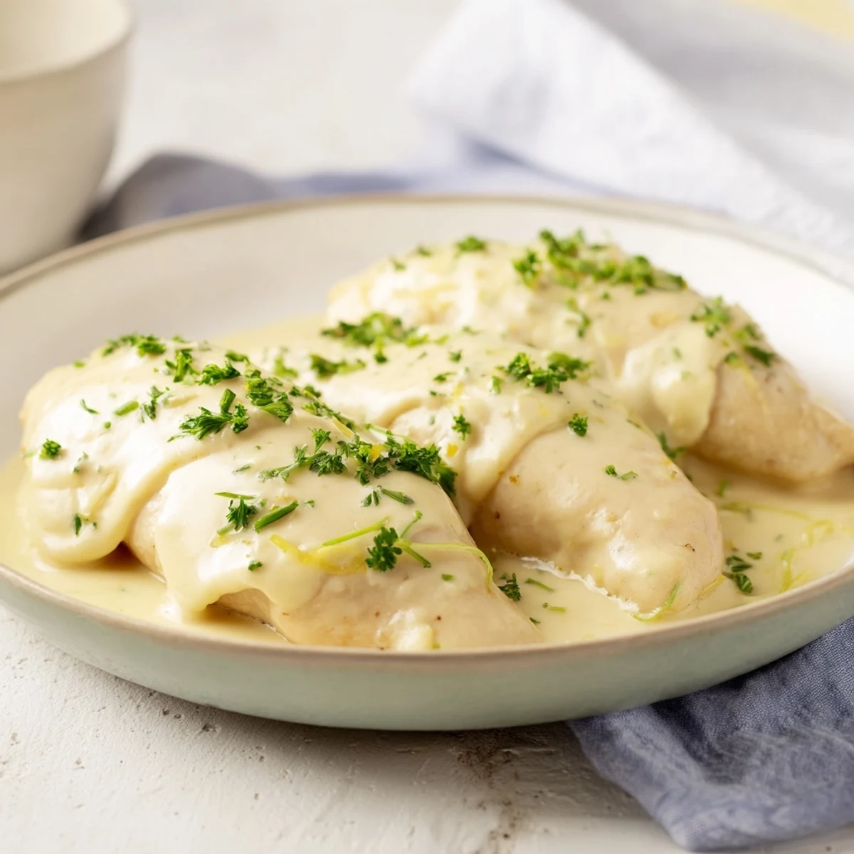 Tender Lighter Creamy Tarragon Chicken breasts in a luscious sauce, ready for serving with fresh herbs.