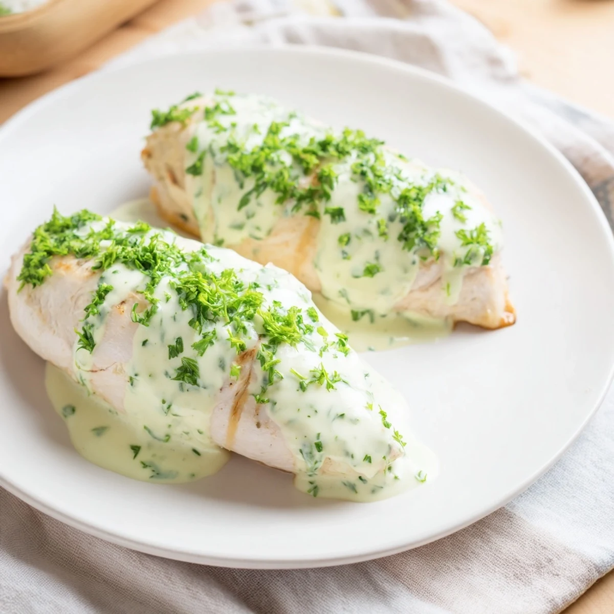 A close-up of plated Lighter Creamy Tarragon Chicken, showing the creamy texture and herbs sprinkled on top.
