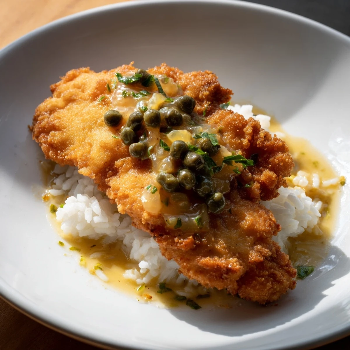 A close-up of vibrant Express Chicken Piccata Rice Bowl, with glistening lemon sauce and fresh parsley.
