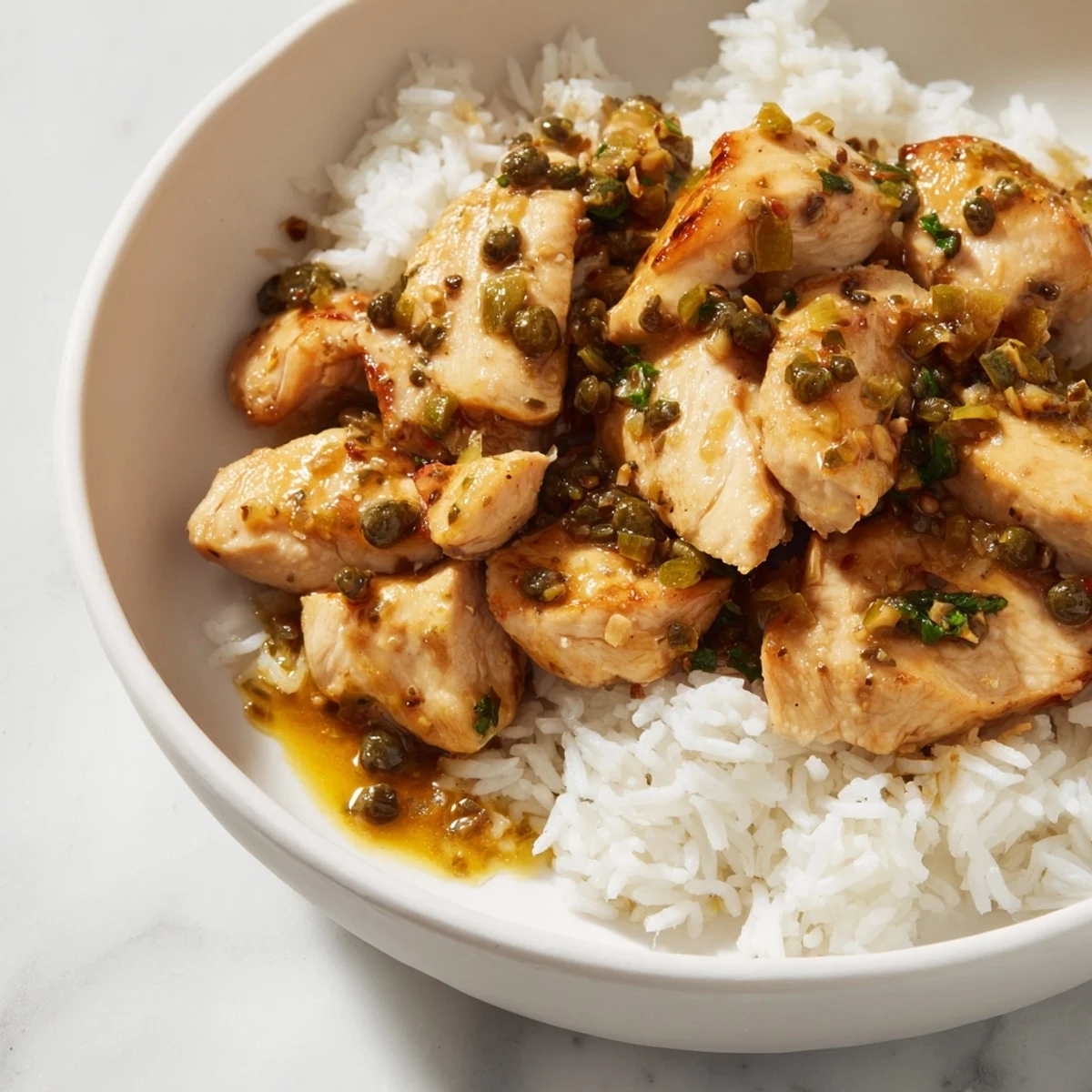 Serving a hearty Express Chicken Piccata Rice Bowl filled with savory chicken and a tangy, delicious sauce.