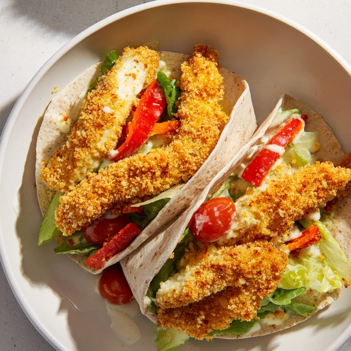 Freshly made Crispy Santa Hat Chicken Caesar Wraps, bursting with creamy dressing and crunchy chicken.