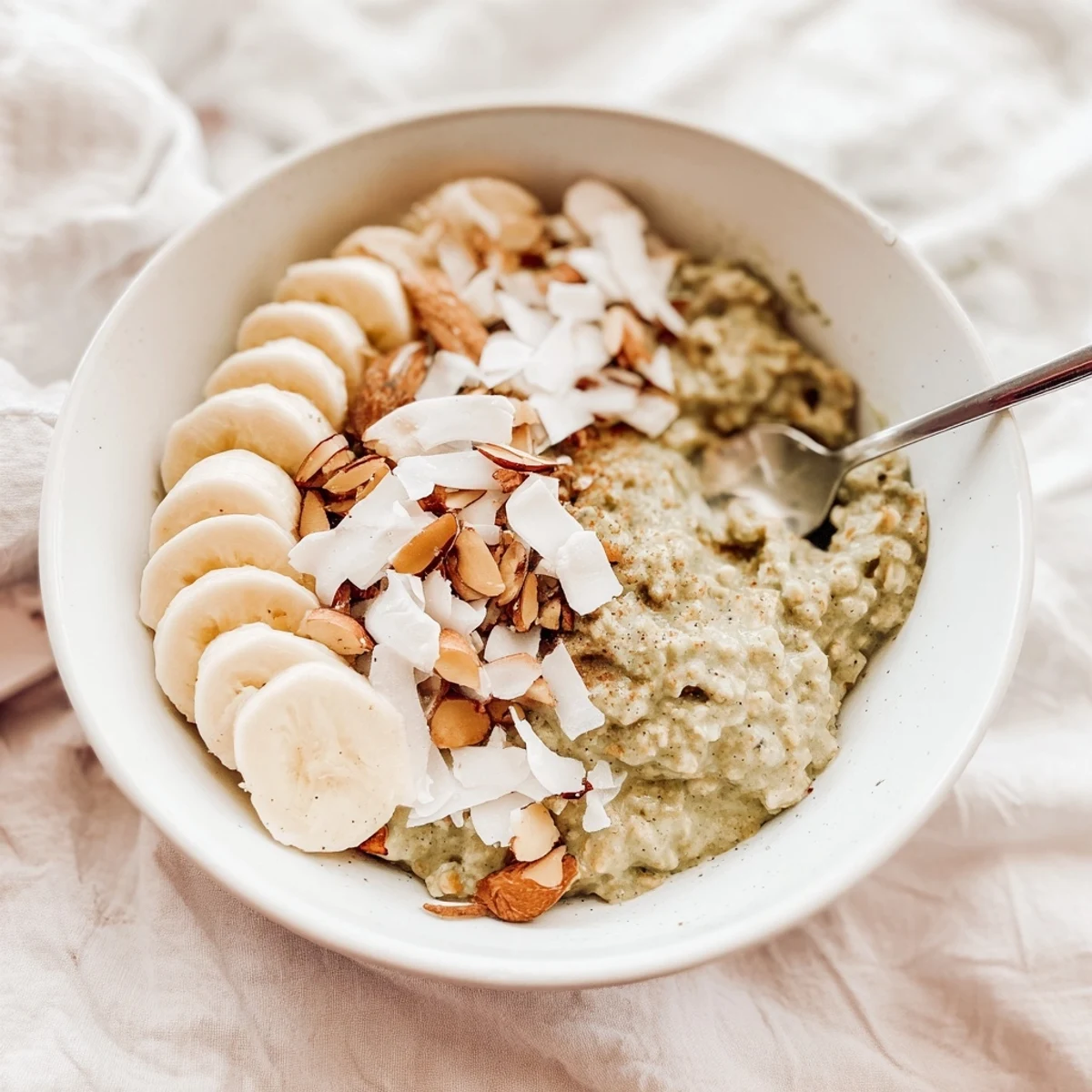 High-Protein Eggnog Matcha Overnight Oats with banana slices, a festive, creamy breakfast treat.