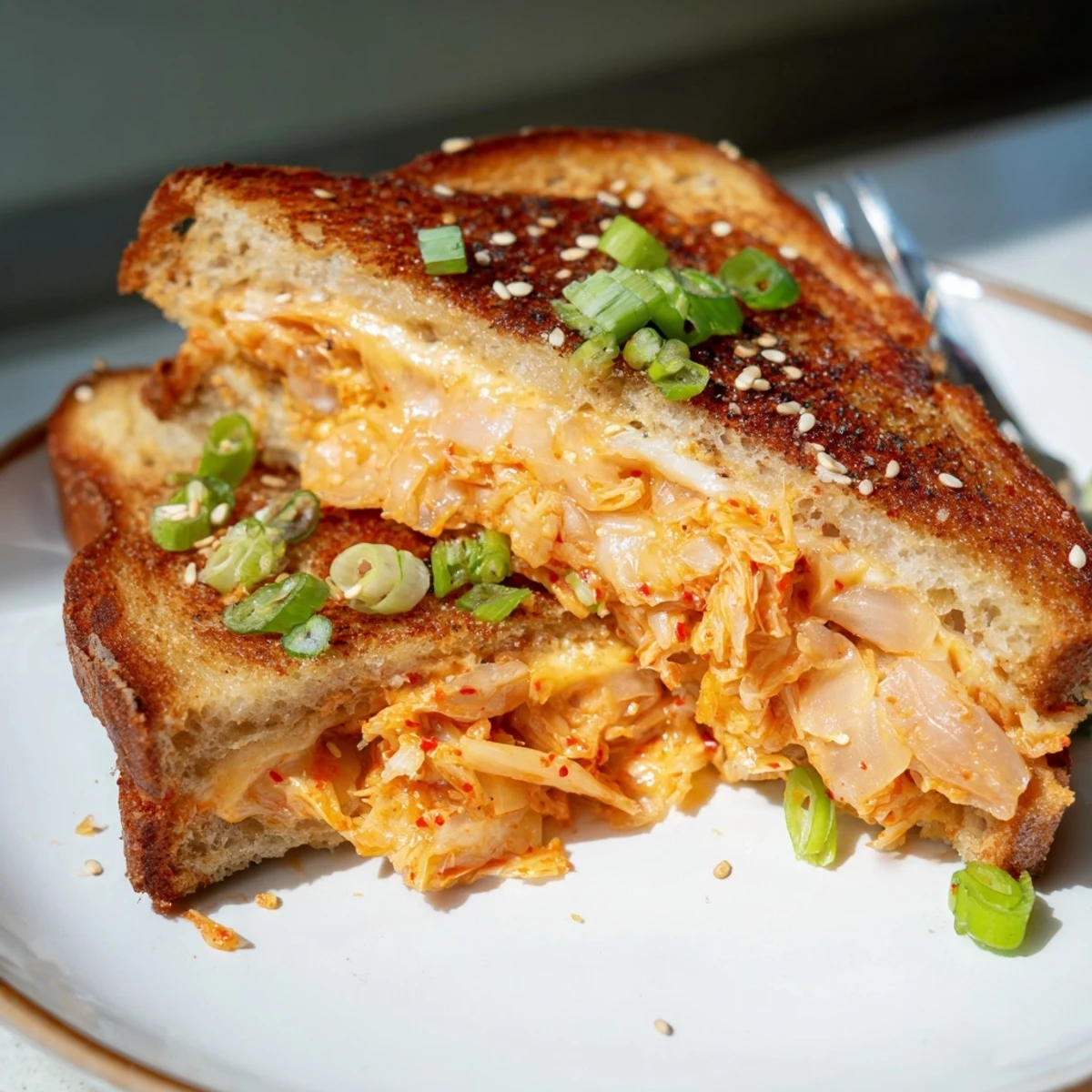 A close-up of a bubbling, cheesy Skillet Kimchi & Cheddar Fusion Grilled Cheese sandwich, sliced nearly in half.