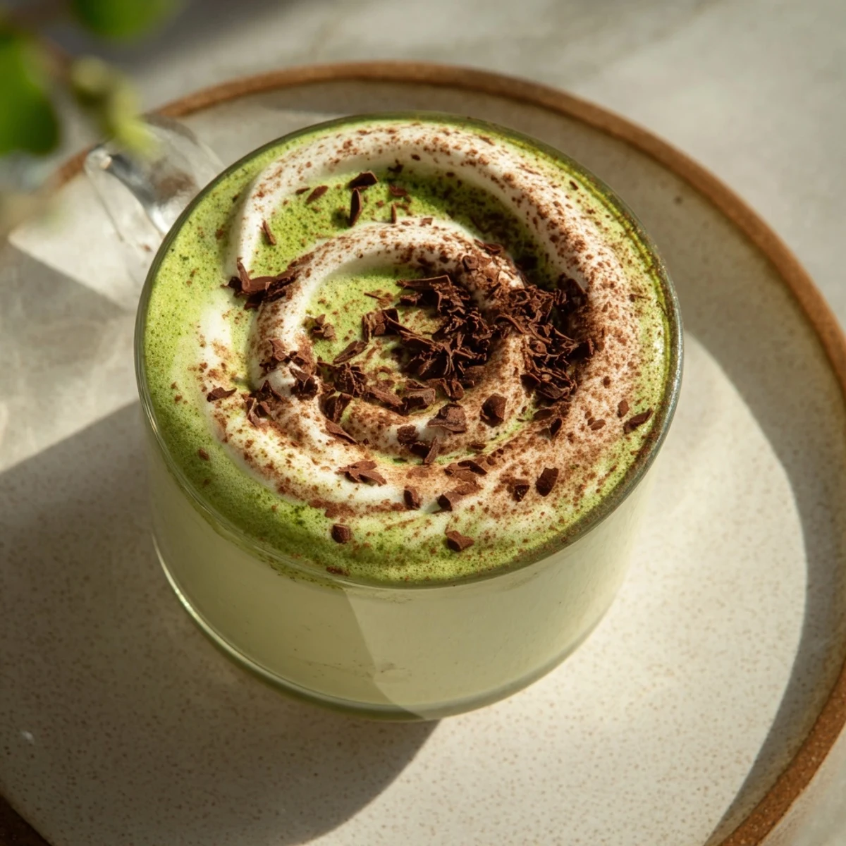 A perfectly frothy Collagen Peppermint Mocha Matcha Latte, served warm, promising an invigorating, delicious treat.