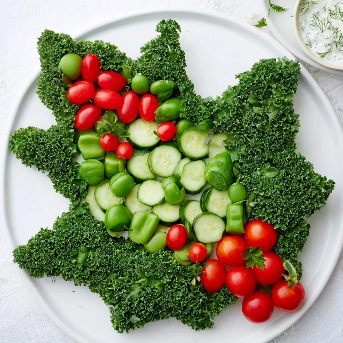 Festive Holly Leaf Veggie Board with vibrant, fresh vegetables and a creamy dip, ready to enjoy.