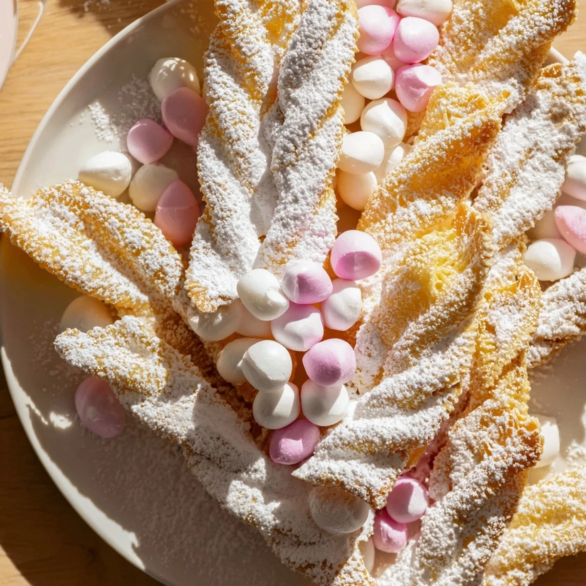 A visually appealing dessert board featuring powdered sugar-dusted angel wings and a colorful candy selection.