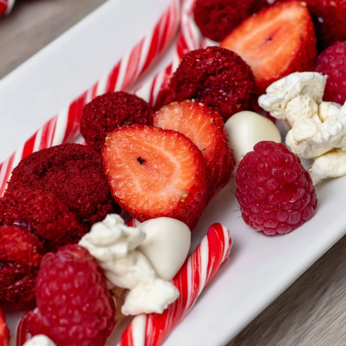 Candy Cane Striped Platter arranged with bright red and white treats, ready for your holiday party.