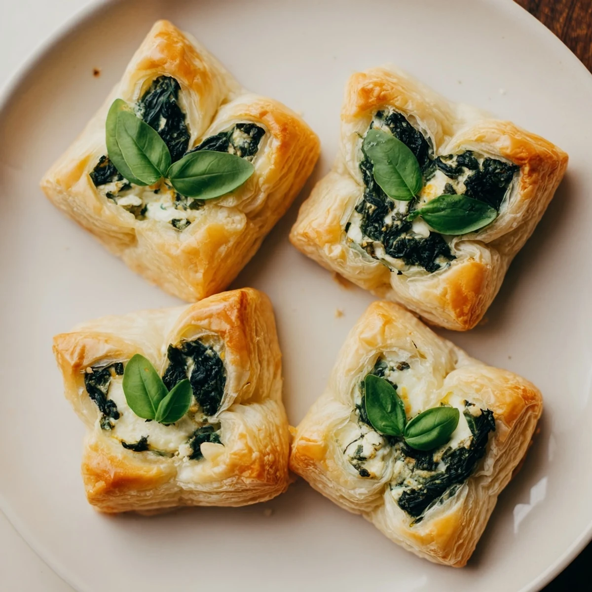 Close-up of baked Lucky Clover St. Patricks Day Bites, showing golden-brown puff pastry with fresh basil on top.