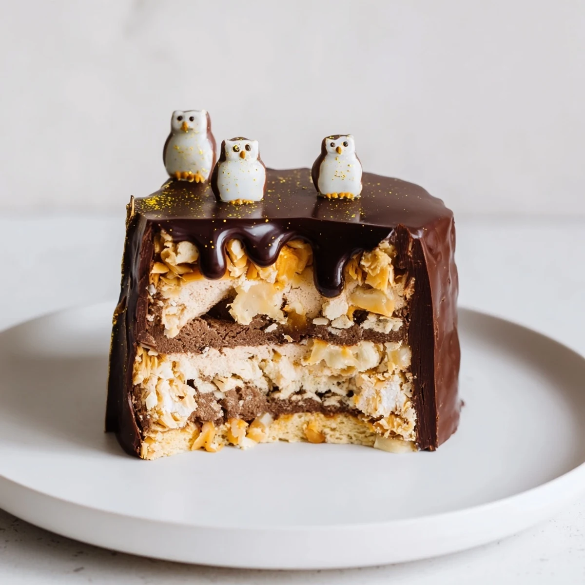 This elegant Plaisirs Sucrés Hibou de la Nuit entremets features a glossy chocolate glaze and owl detail.