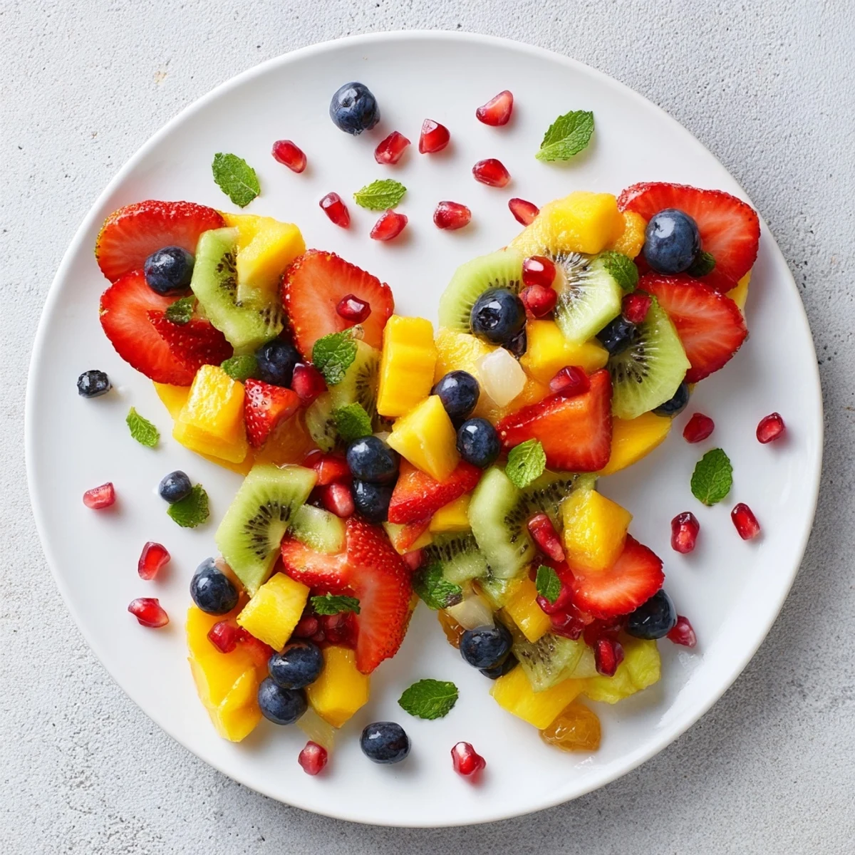 Imagine the colorful, fresh Papillon de Fruits dÉté Vifs, a refreshing summer fruit salad, garnished with mint.