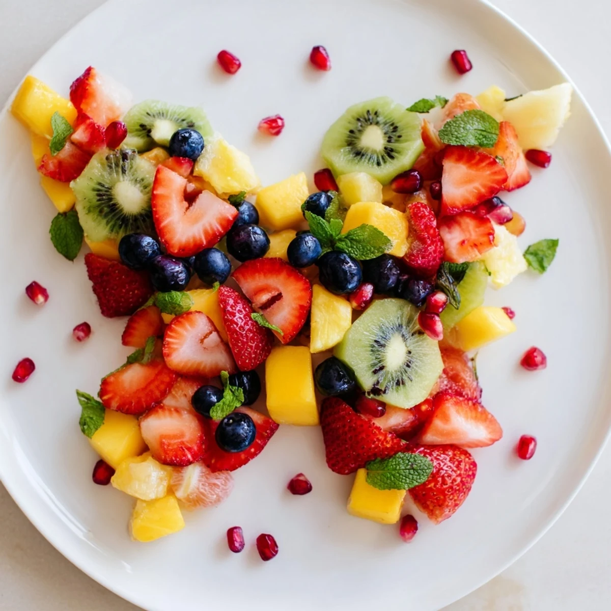 A beautifully arranged Papillon de Fruits dÉté Vifs, vibrant summer fruit salad butterfly, ready to be enjoyed.