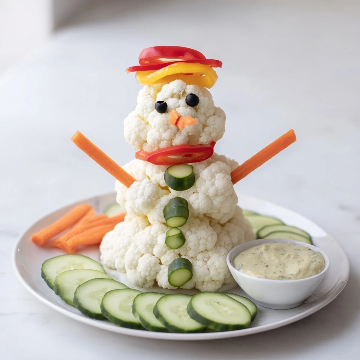Festive Snowman Crudités with dip: A healthy and colorful appetizer with fresh veggies and creamy dip.