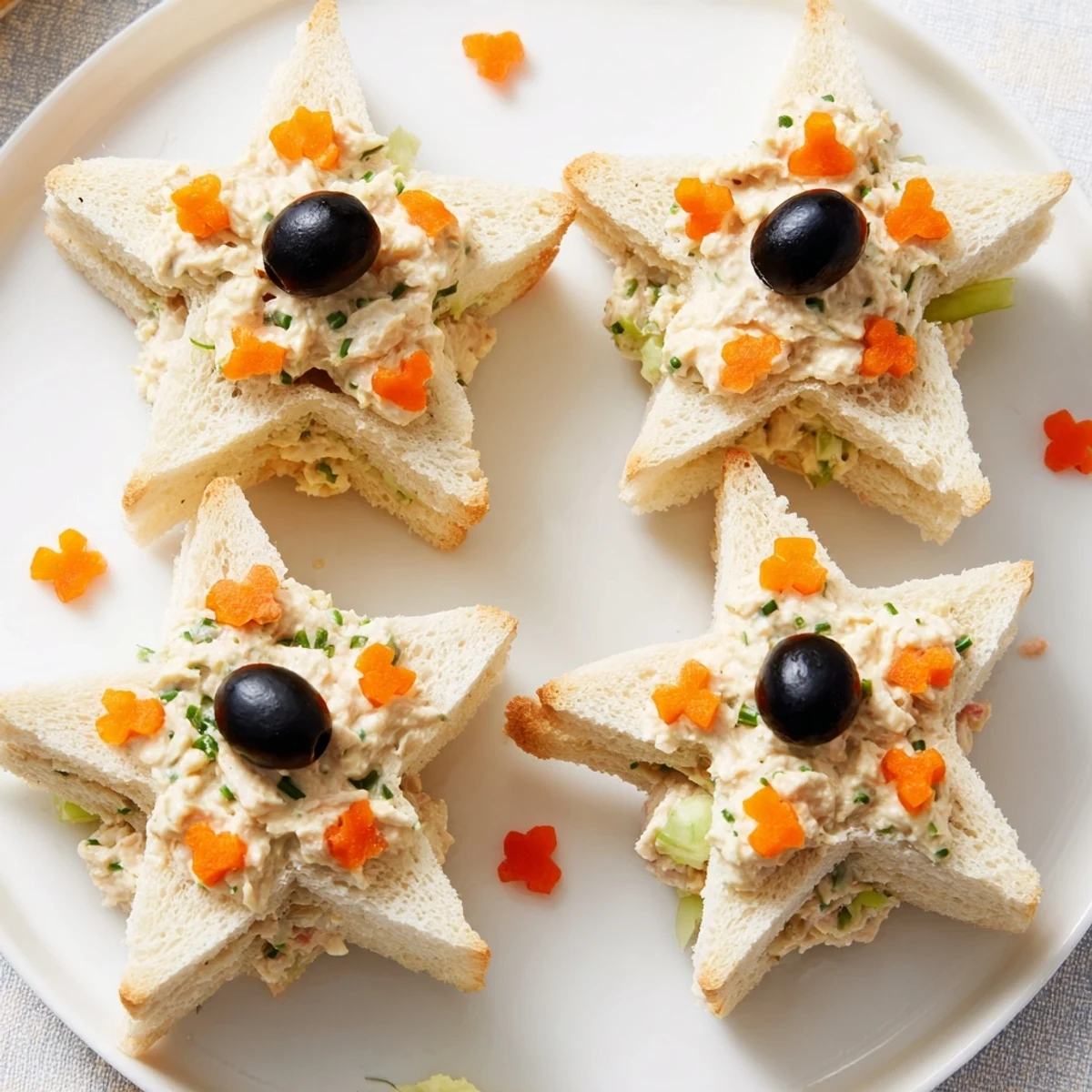 Close-up of delightful Mini Starfish Sandwiches: tuna salad nestled between star-shaped bread slices.