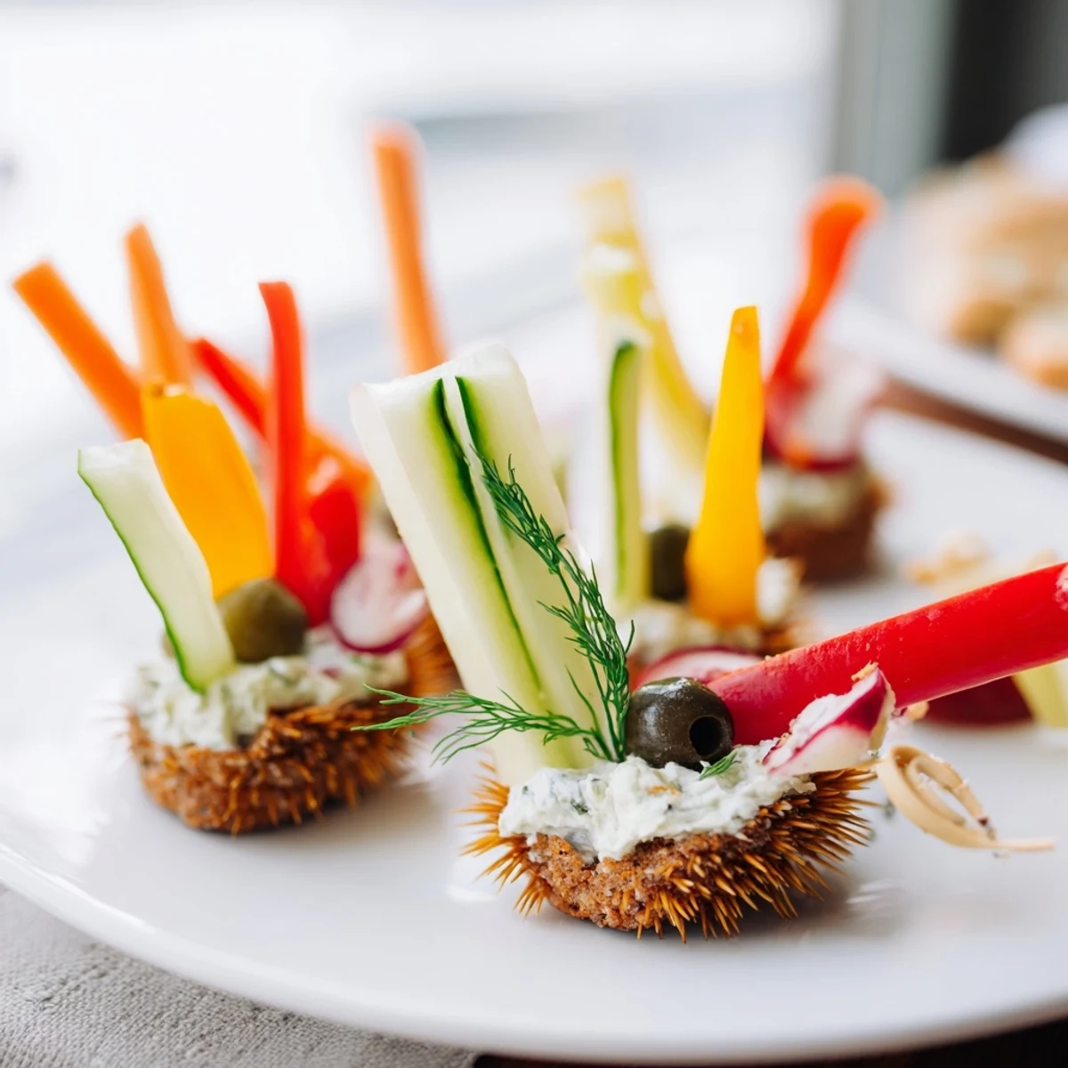 Adorable Autumn Hedgehog Dip Platter brimming with vibrant vegetable spines and creamy dips for dipping.