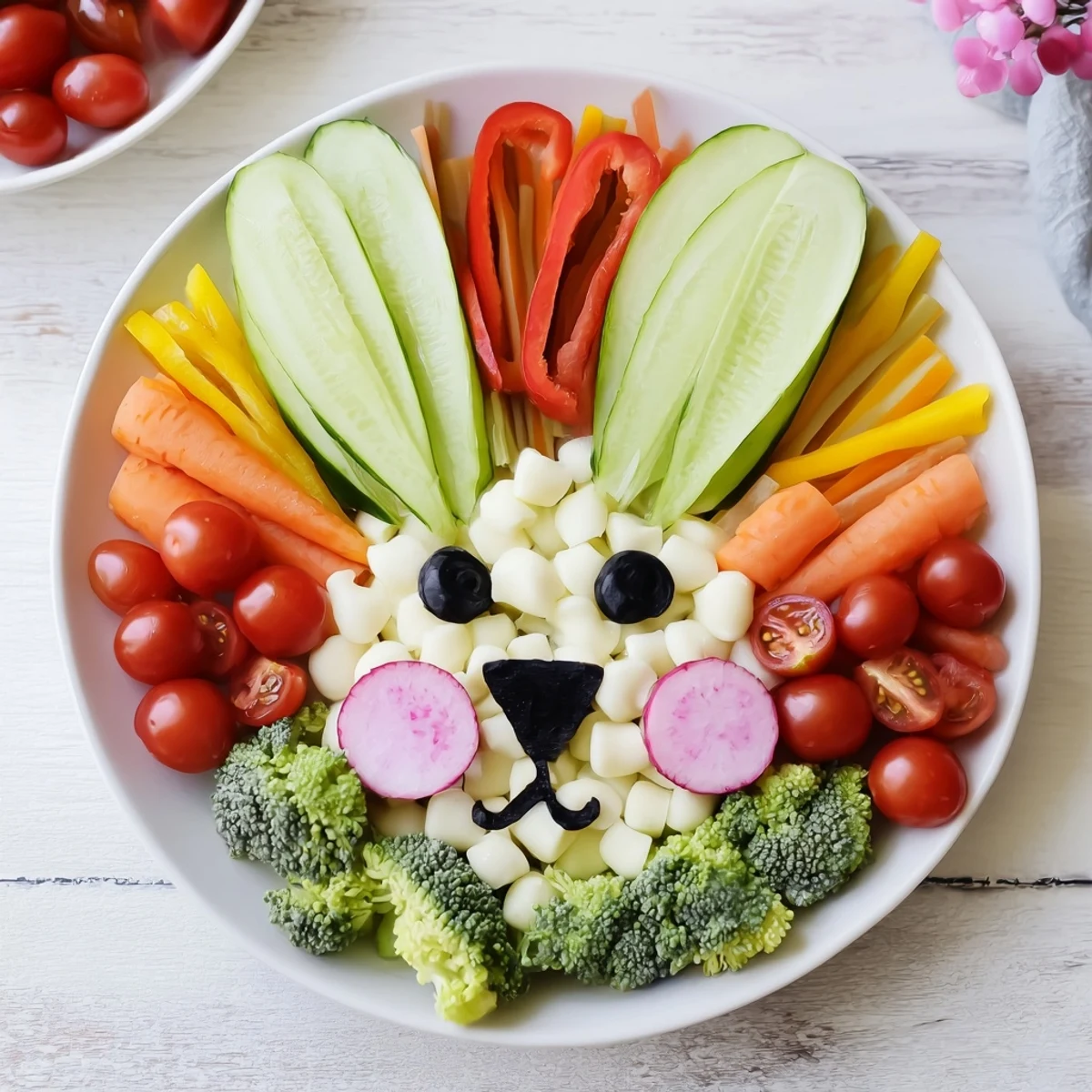 Easter Bunny Spring Platter boasts vibrant vegetables, dips, and crackers arranged for spring celebrations.