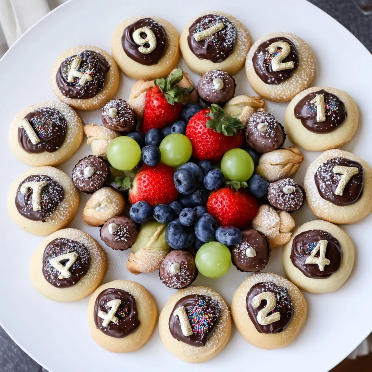 A glistening Sparkling Clock Countdown Platter showcases cookies, fruits, and edible glitter, ready to celebrate.