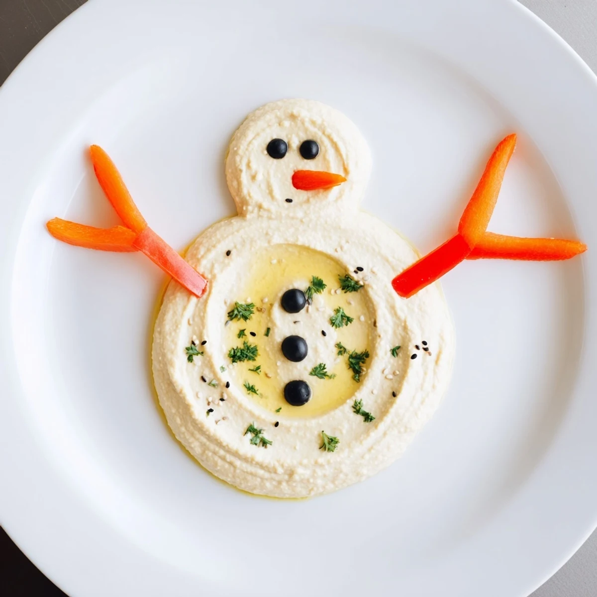 This melted snowman hummus platter features a playful arrangement of colorful veggies for a delicious, healthy dip.