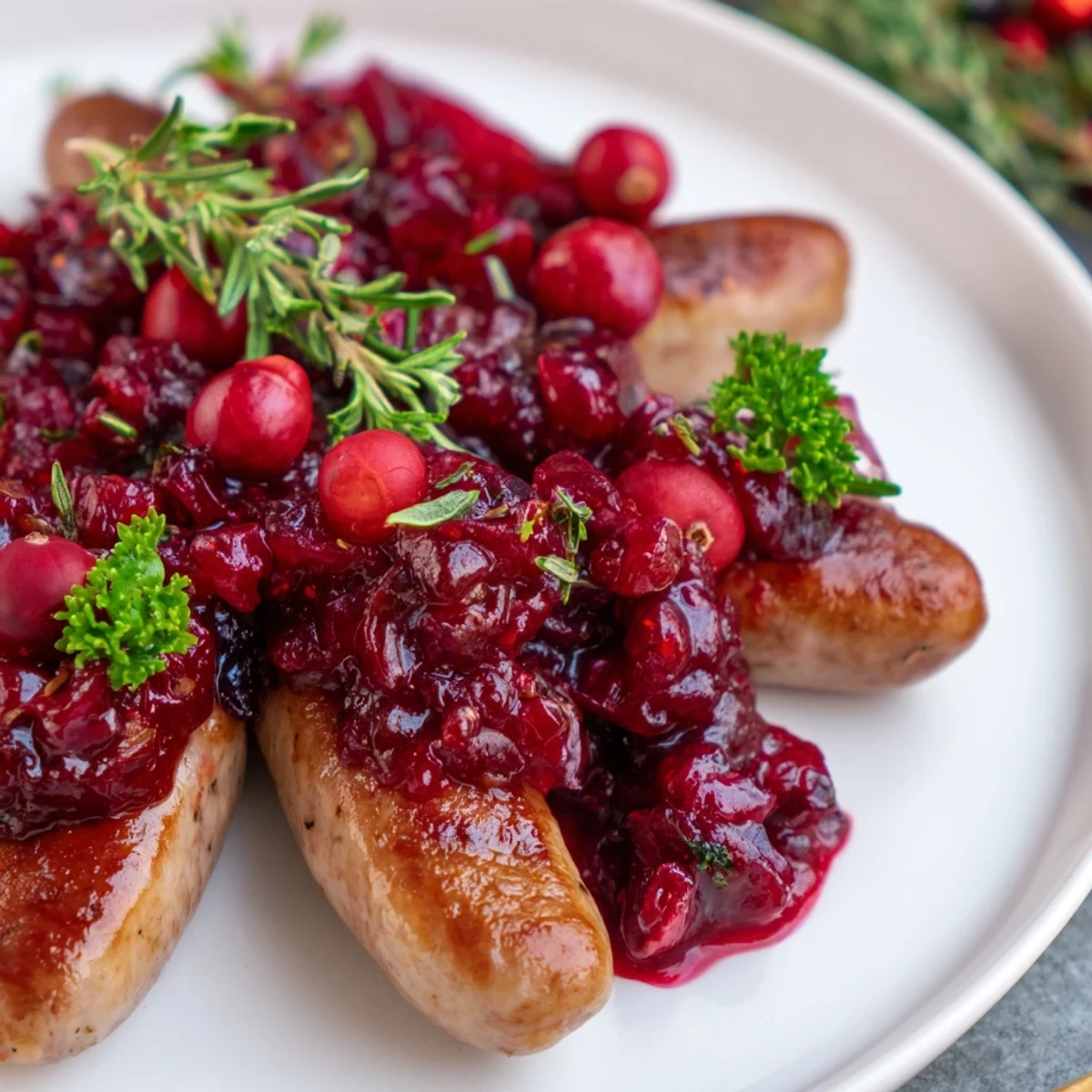 Golden, savory Festive Holly Berry Sausage Bites topped with a vibrant cranberry and herb mixture, ready for serving.