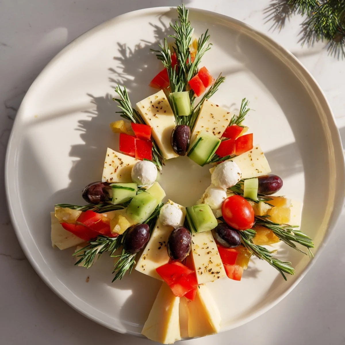 Holiday-ready "Cheese & Olives: Pine Tree Wreath" arrangement, a flavorful vegetarian appetizer for gatherings.