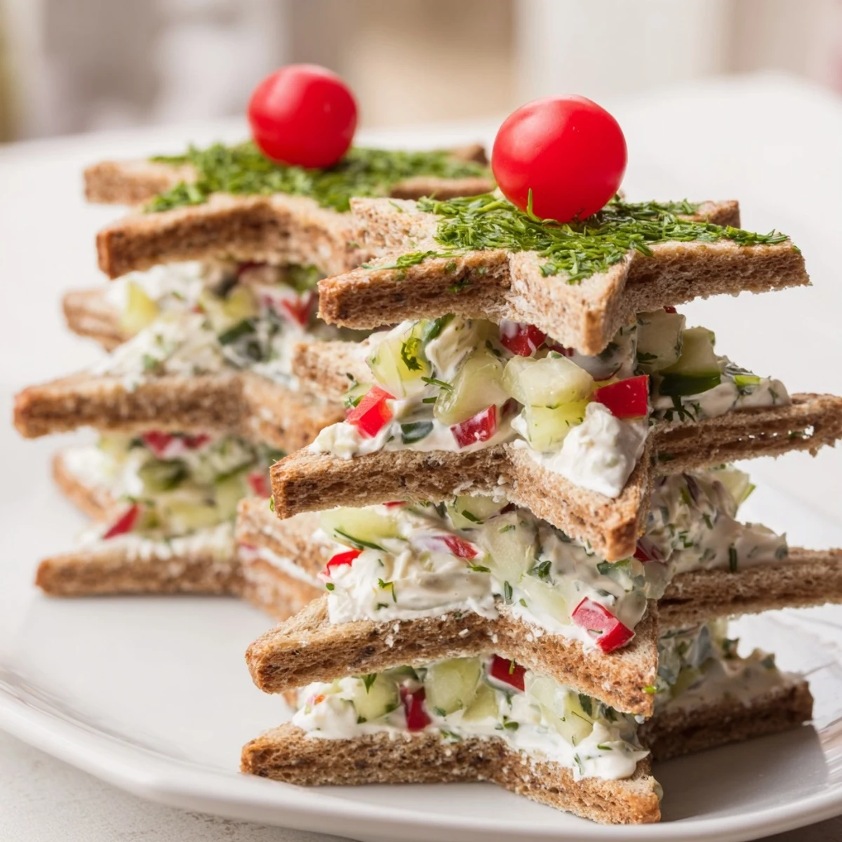 Stacked Star Christmas Tree Sandwiches: Festive, layered star-shaped sandwiches with red pepper and parsley garnish, ideal holiday appetizer.
