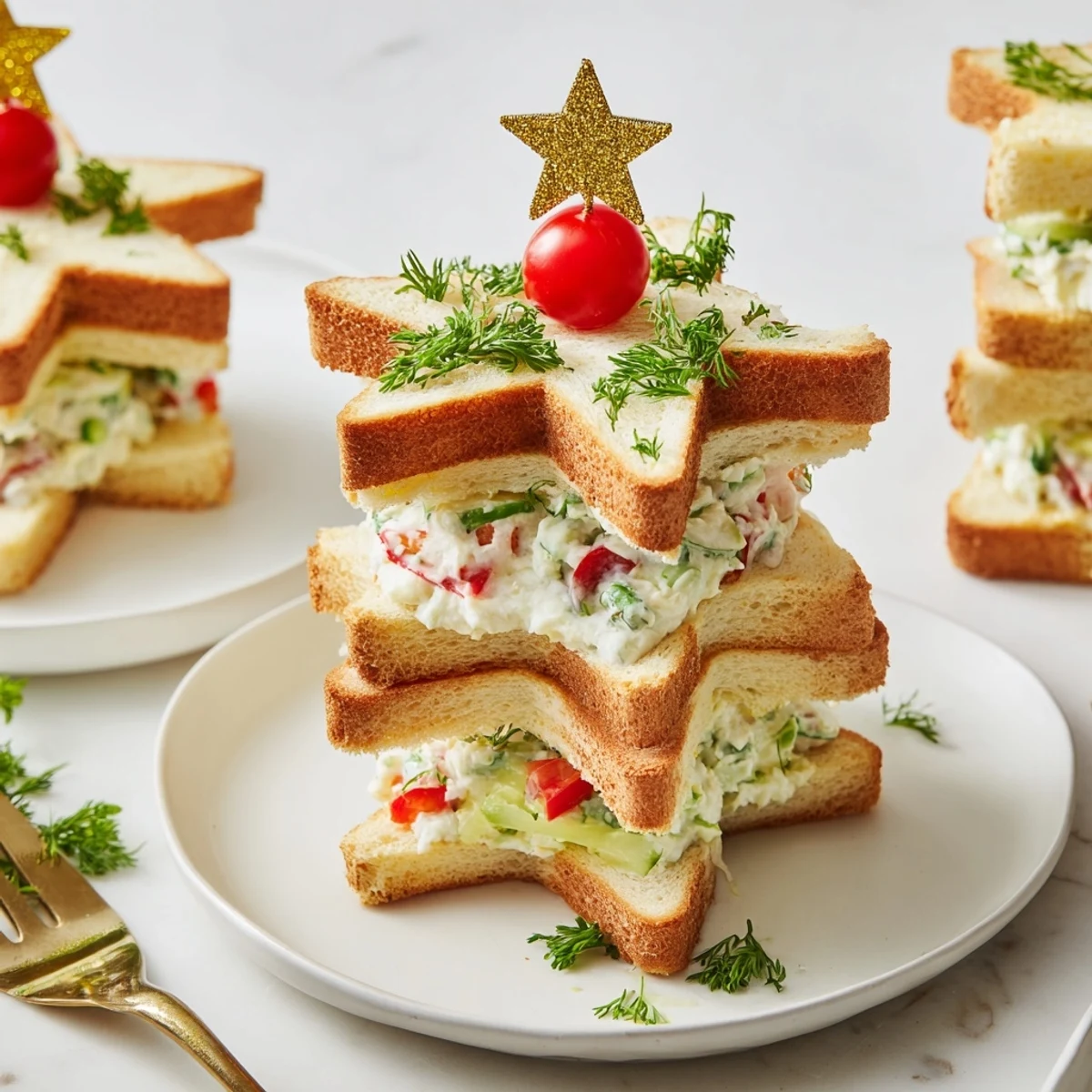Bite-sized Stacked Star Christmas Tree Sandwiches, with vibrant red tomato "stars" and green parsley, ready to enjoy.