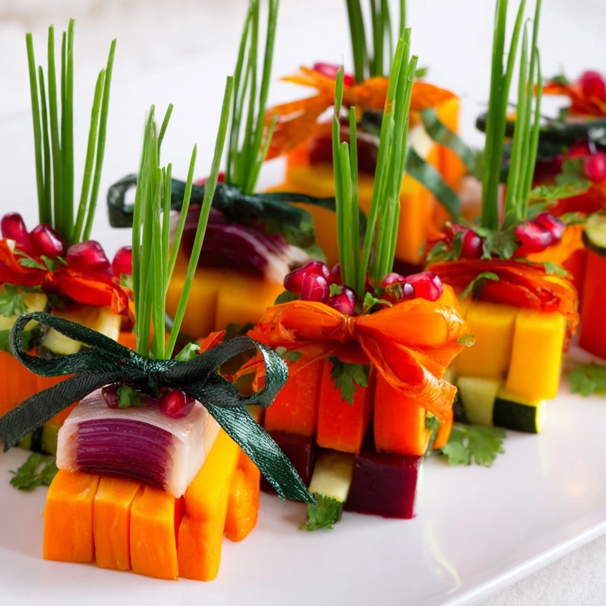 Golden-brown Christmas Present Veggie Crates, a colorful vegetarian side dish ready for the holiday table.