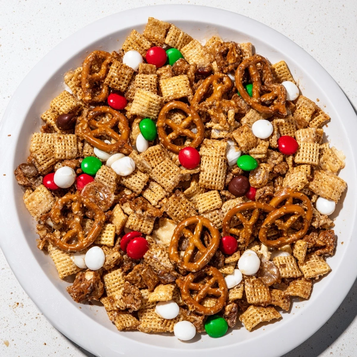 Golden-brown Holiday Mix in a holiday bowl, a blend of sweet and savory textures.