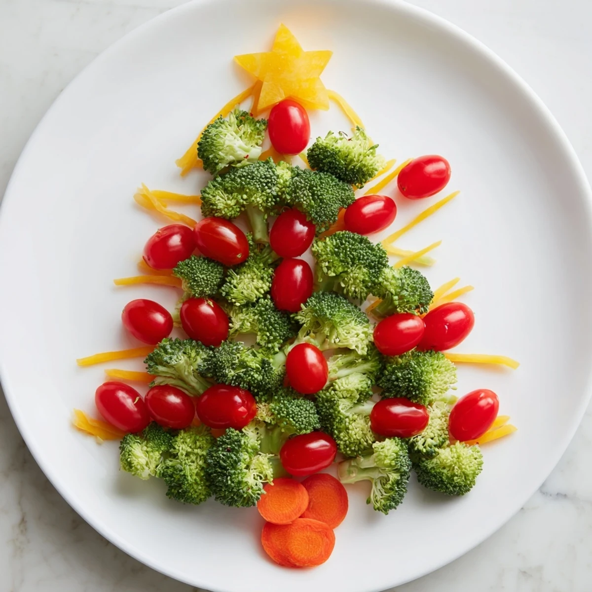 Bright green broccoli tree with cherry tomato ornaments, a festive and healthy snack.