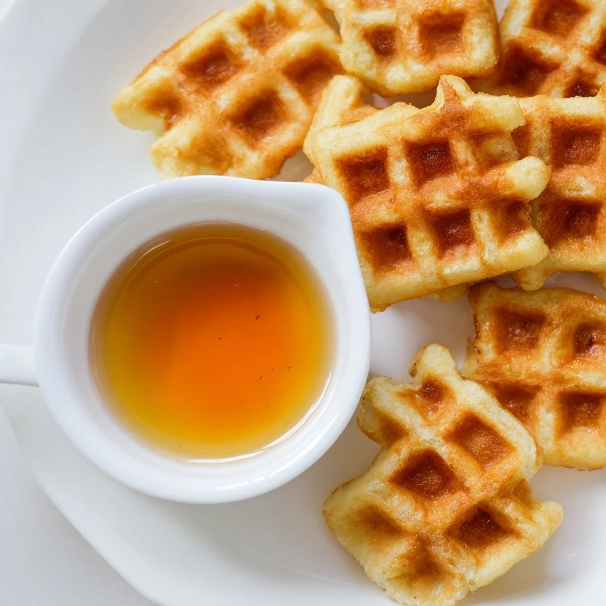 Warm, appetizing waffle quarters paired with a sweet maple dipping bowl for brunch.