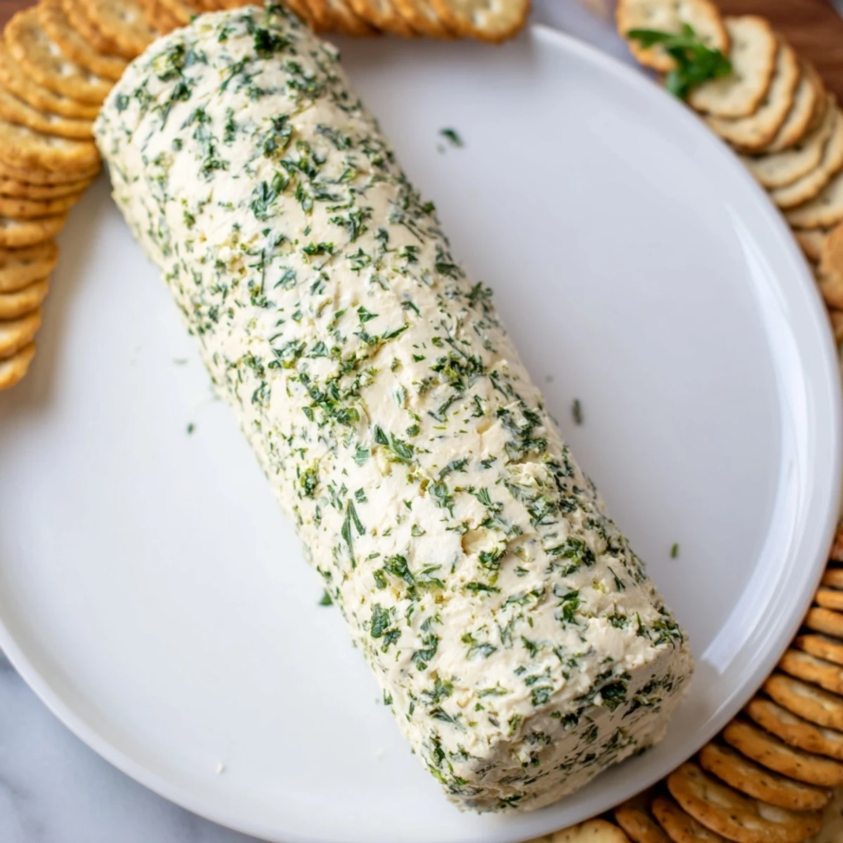 Herb-coated cheese log with vibrant green herbs, ready to be served with assorted crackers.