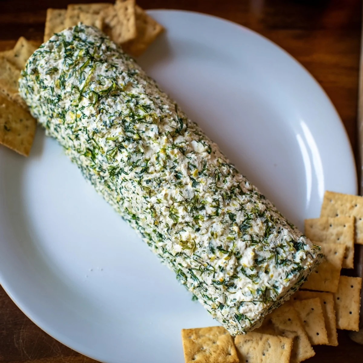 Tangy herb-coated cheese log: creamy, flavorful, and surrounded by a ring of crispy crackers.