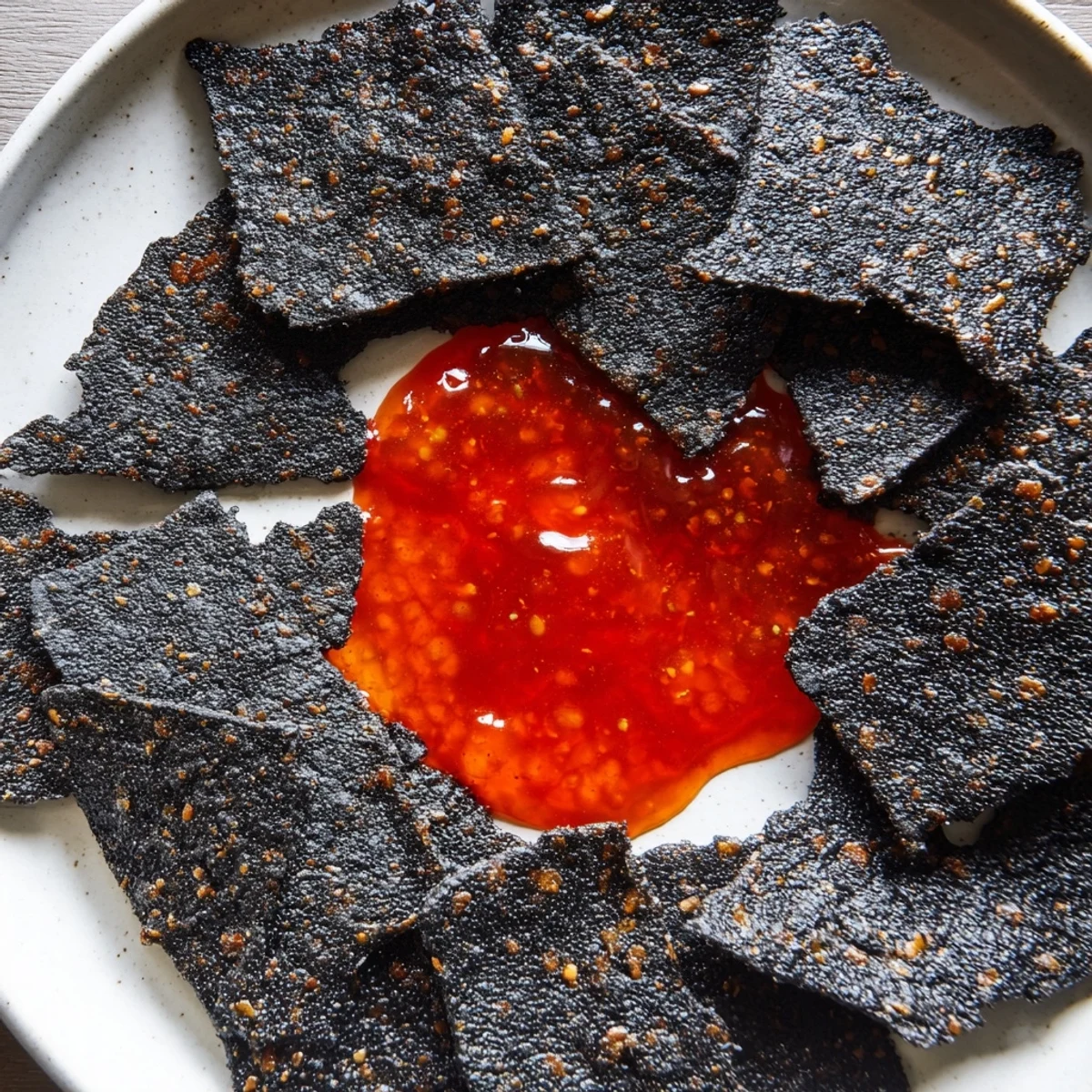 Gather around this Volcanic Flow, featuring fiery red jelly central and dark, crunchy charcoal crackers for dipping.