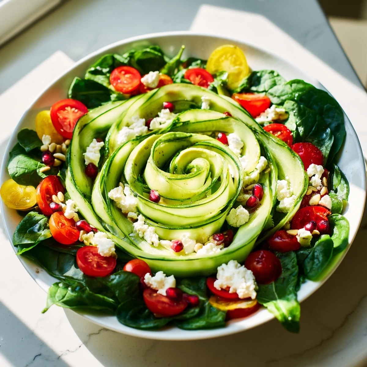 Beautifully arranged Golden Ratio Salad featuring fresh ingredients and a drizzle of tangy dressing, delicious.