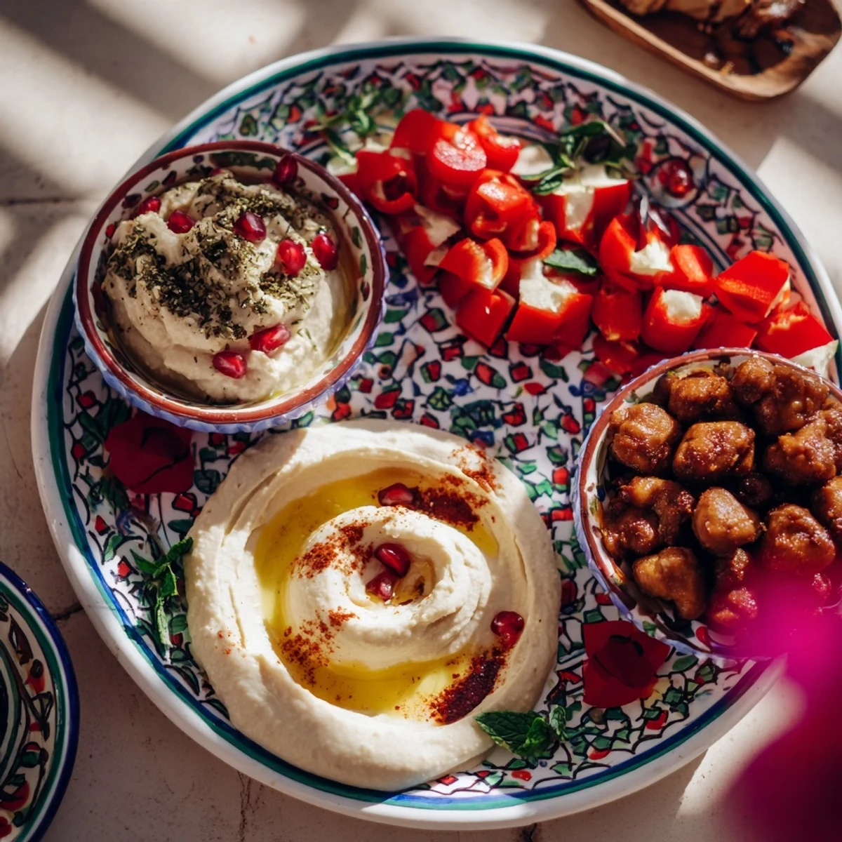 Moroccan Tile Mosaic appetizer: A colorful mosaic of dips, olives, and veggies ready for serving.