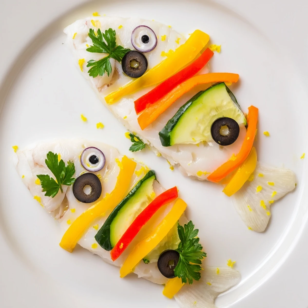 Vibrant light fish-shaped meal created with vegetables, showcasing flaky white fish and olive eyes on a plate.