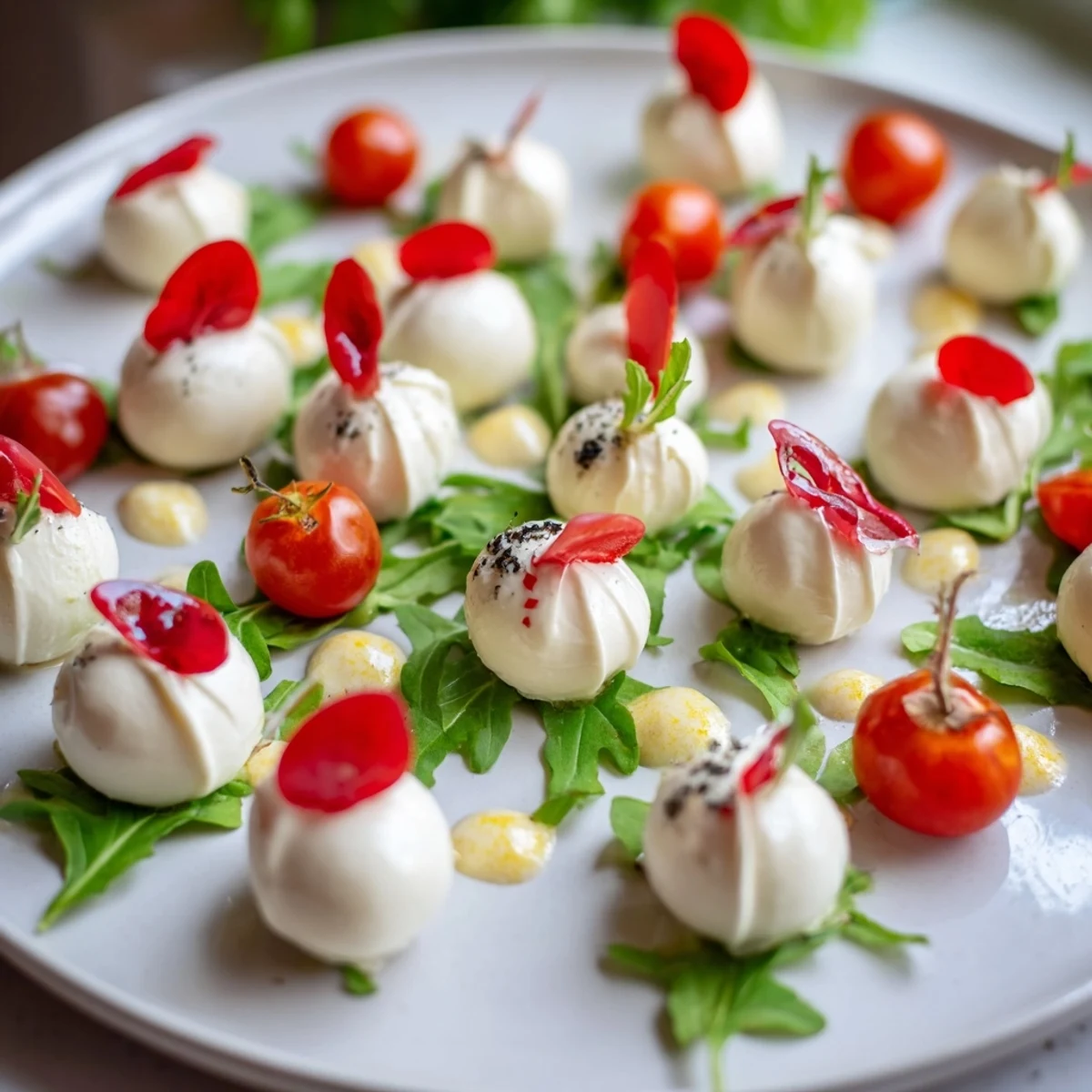 Italian-inspired Pearly Strand salad, a visual treat with mozzarella pearls, olive oil, and basil.