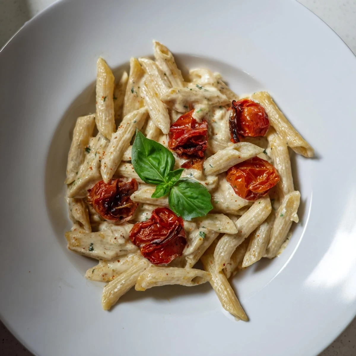 A close-up of delicious Boursin Cheese Pasta with roasted tomatoes, garnished with fresh basil.