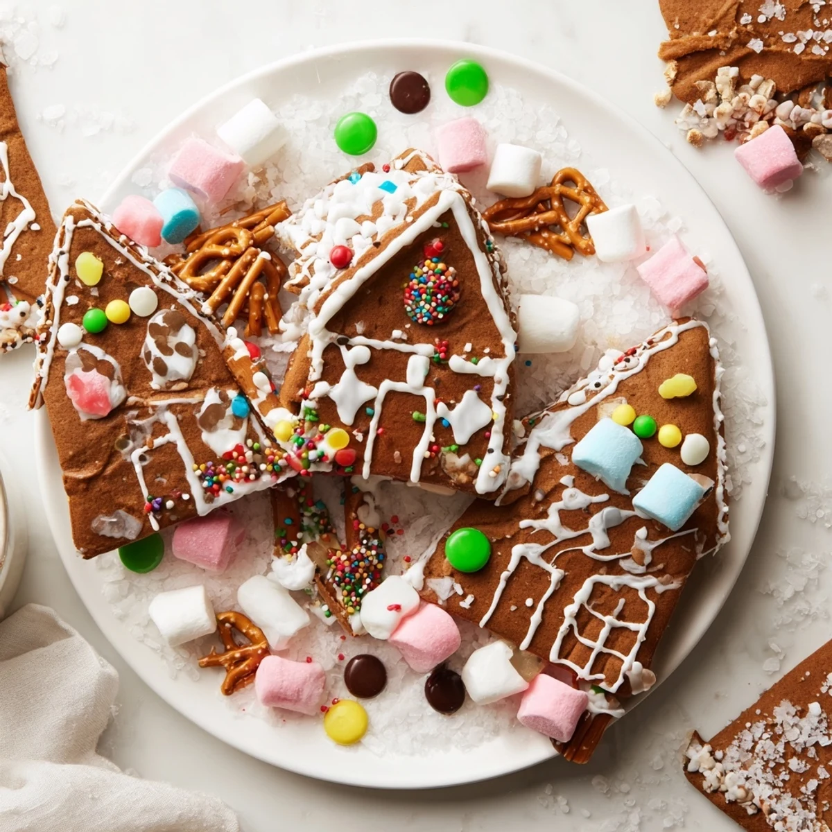 Festive Gingerbread House Board with freshly baked gingerbread pieces and enticing candy decorations.