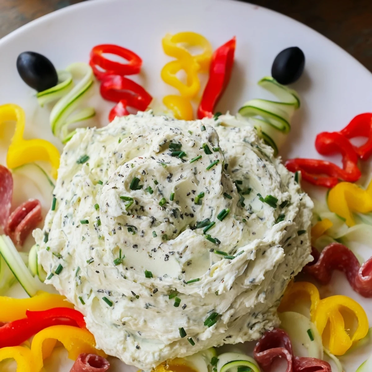 A party-ready The Medusa Curls platter features spiraling meats and colorful pepper curls, surrounding creamy dip.