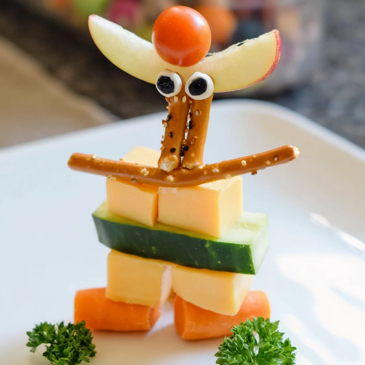 Long-Necked Giraffe Snack Towers with colorful vegetables and cheese, a fun kids' party food.