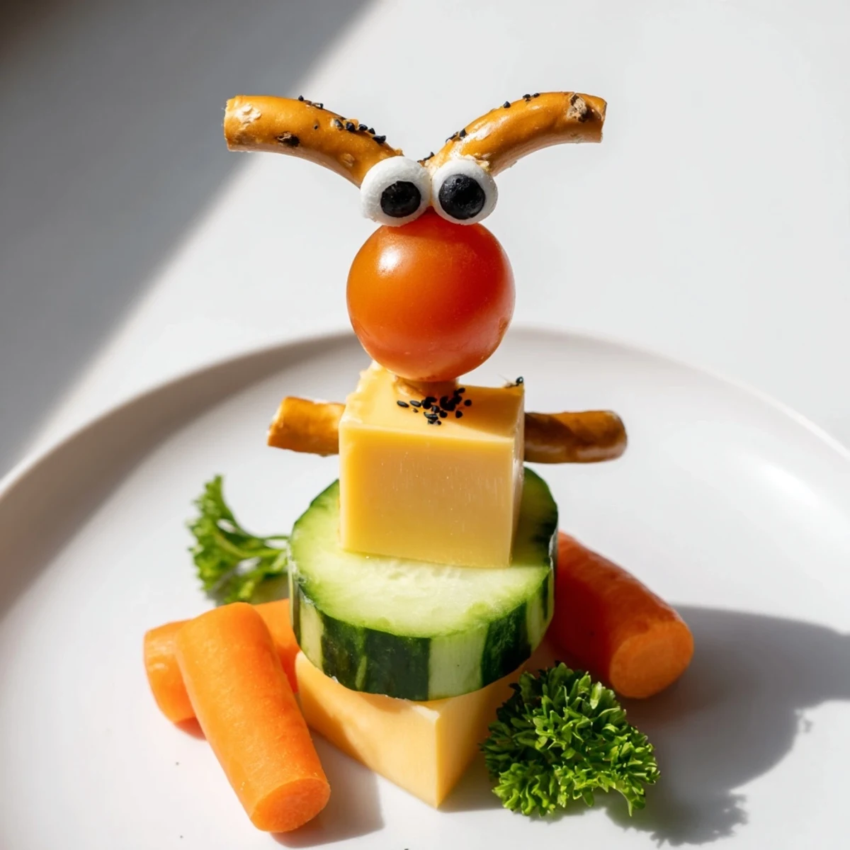 A close-up of a Long-Necked Giraffe Snack Tower with pretzel necks and olive eyes, ready to eat.