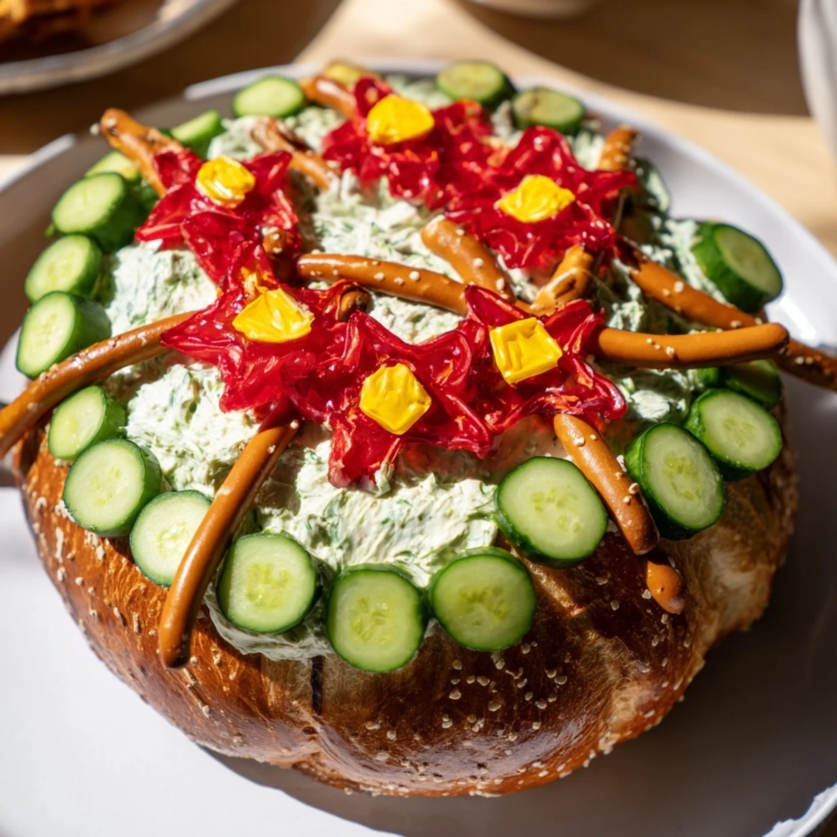 A vibrant photo of a Desert Cactus Bloom appetizer, featuring a stunning arrangement of fruit leather flowers.