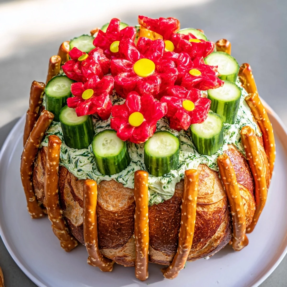 Enjoy the unique Desert Cactus Bloom, an edible food art appetizer with vibrant fruit leather and herbs for serving.