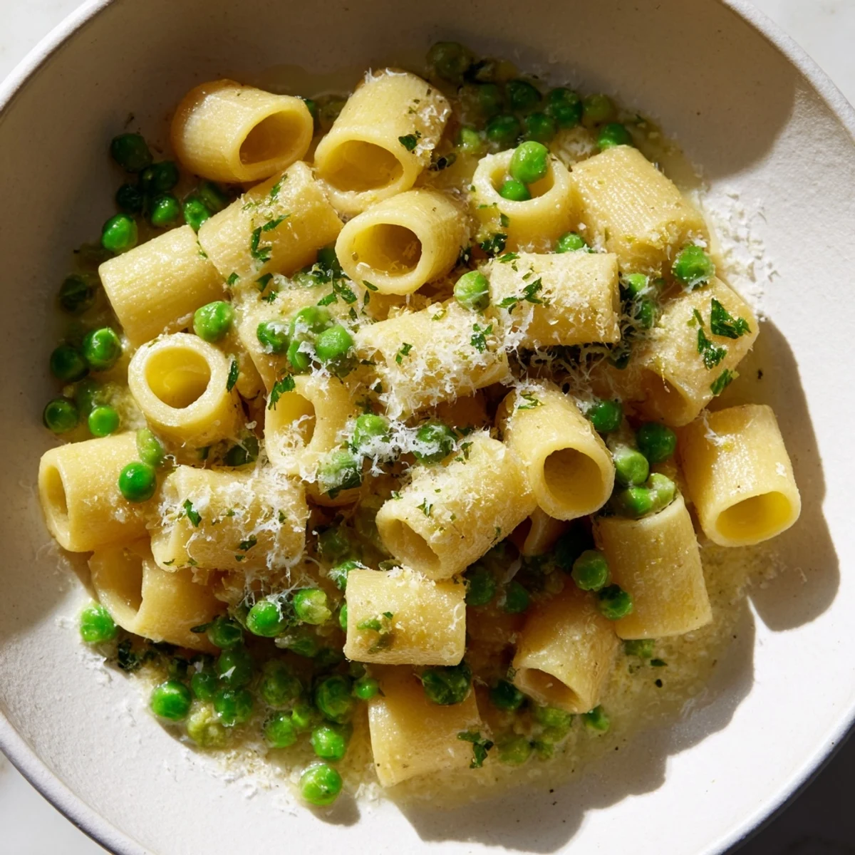 Golden garlic butter ditalini with bright green peas, ready to serve with Parmesan cheese.
