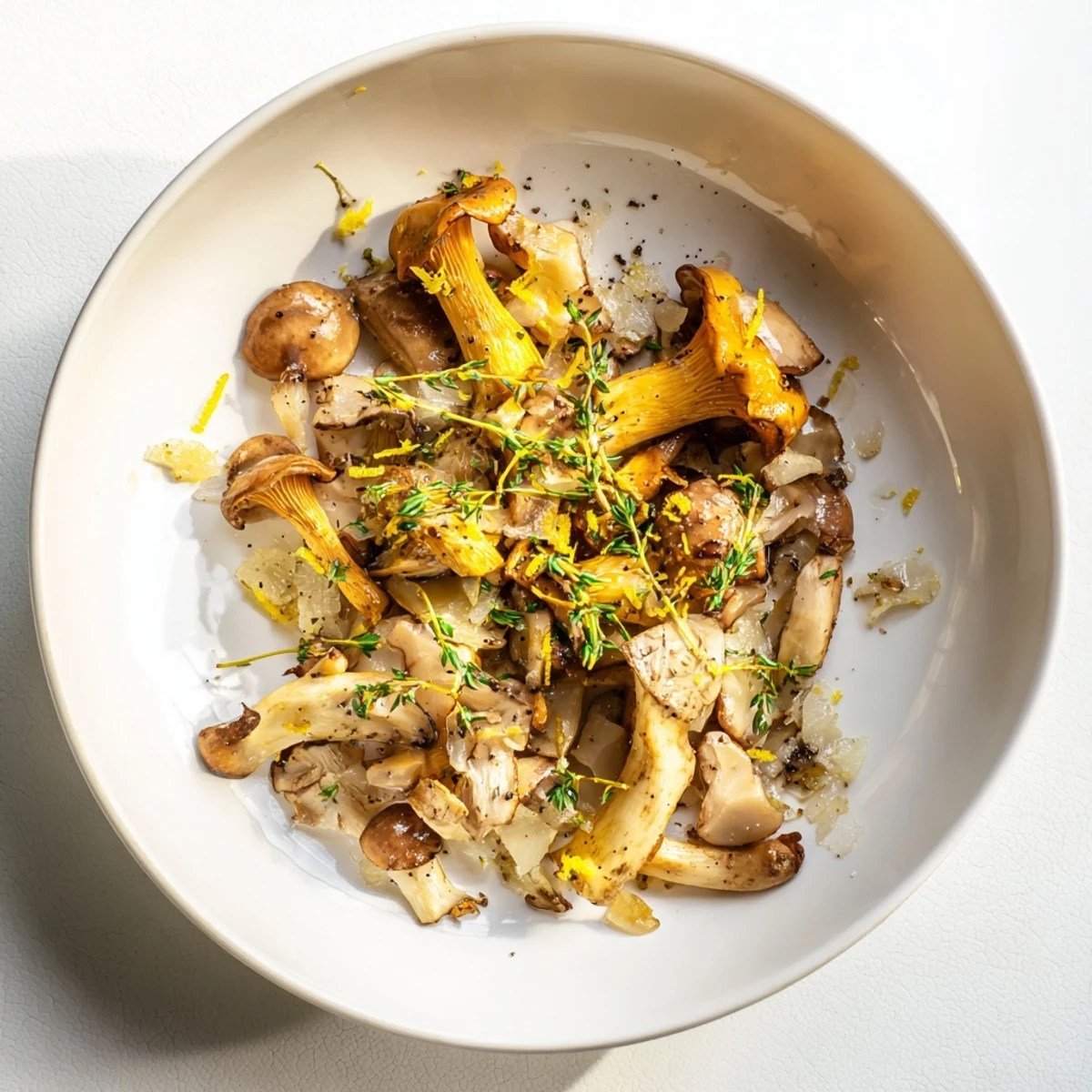 Sizzling pan of Enchanted Forest Mushrooms: the aroma of garlic and thyme over a bed of mushrooms.