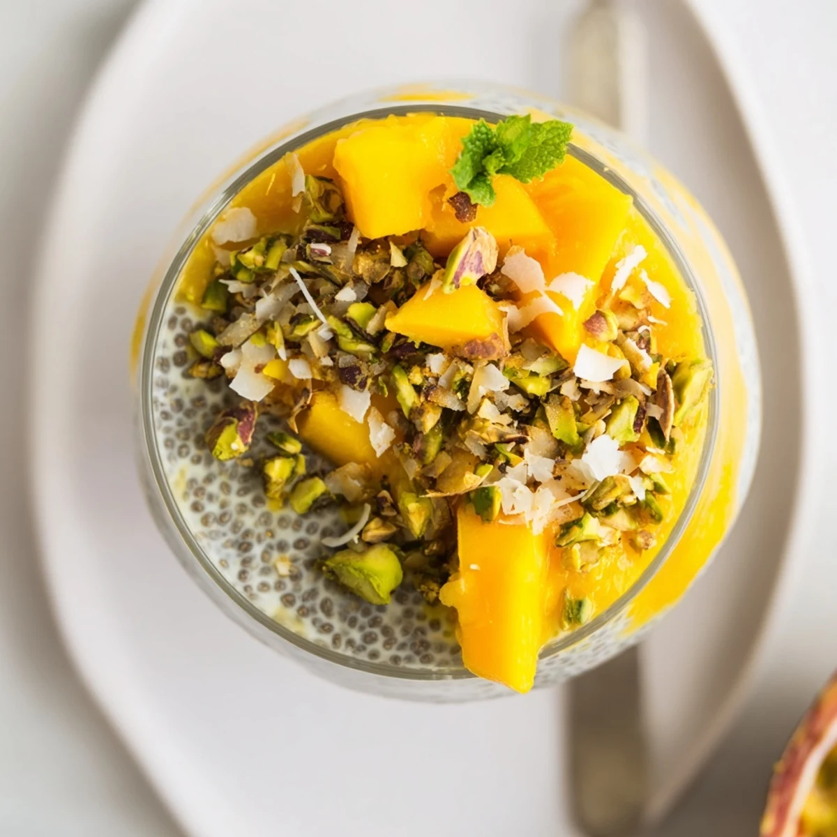 Creamy Mango Coconut Chia Pudding layered with fresh mango, ready to eat for breakfast.