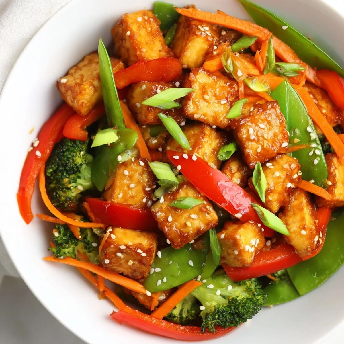 Golden, crispy Sesame Ginger Tofu Stir-Fry with bright vegetables and glistening sauce.